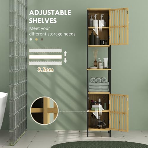 HOMCOM Tall Bathroom Storage Cabinet, Slim Bamboo Bathroom Cabinet with 2 Open Compartments, 2 Slatted Doors and Adjustable Shelves, Black 6 HOMCOM Tall Bathroom Storage Cabinet, Slim Bamboo Bathroom Cabinet with 2 Open Compartments, 2 Slatted Doors and Adjustable Shelves, Black - Image 6