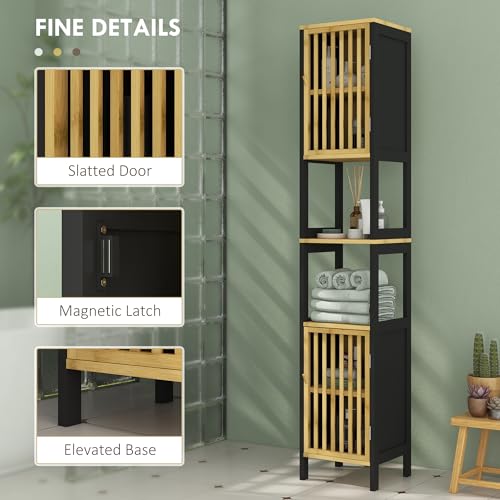 HOMCOM Tall Bathroom Storage Cabinet, Slim Bamboo Bathroom Cabinet with 2 Open Compartments, 2 Slatted Doors and Adjustable Shelves, Black 7 HOMCOM Tall Bathroom Storage Cabinet, Slim Bamboo Bathroom Cabinet with 2 Open Compartments, 2 Slatted Doors and Adjustable Shelves, Black - Image 7