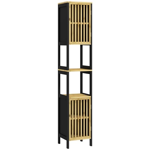 HOMCOM Tall Bathroom Storage Cabinet, Slim Bamboo Bathroom Cabinet with 2 Open Compartments, 2 Slatted Doors and Adjustable Shelves, Black 1 HOMCOM Tall Bathroom Storage Cabinet, Slim Bamboo Bathroom Cabinet with 2 Open Compartments, 2 Slatted Doors and Adjustable Shelves, Black