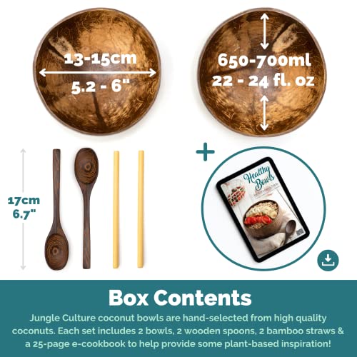 Jungle Culture® 2 Coconut Bowls and Spoons with Bamboo Straws • Eco Friendly Wooden Serving Bowl Set Polished with Organic Oil for Pasta Cereal Açai Salad Smoothies • Vegan Gift 2 Jungle Culture® 2 Coconut Bowls and Spoons with Bamboo Straws • Eco Friendly Wooden Serving Bowl Set Polished with Organic Oil for Pasta Cereal Açai Salad Smoothies • Vegan Gift - Image 2