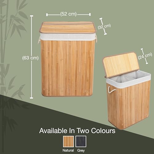 Knight Bamboo Laundry Hamper 105L - Dual Compartment Basket, Removable & Washable Liner, Foldable, Natural, for Bedroom & Bathroom, 52x32x63cm (Natural) 2 Knight Bamboo Laundry Hamper 105L - Dual Compartment Basket, Removable & Washable Liner, Foldable, Natural, for Bedroom & Bathroom, 52x32x63cm (Natural) - Image 2