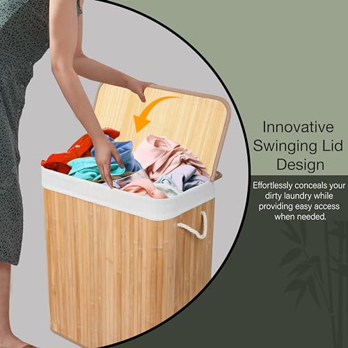 Knight Bamboo Laundry Hamper 105L - Dual Compartment Basket, Removable & Washable Liner, Foldable, Natural, for Bedroom & Bathroom, 52x32x63cm (Natural) 3 Knight Bamboo Laundry Hamper 105L - Dual Compartment Basket, Removable & Washable Liner, Foldable, Natural, for Bedroom & Bathroom, 52x32x63cm (Natural) - Image 3