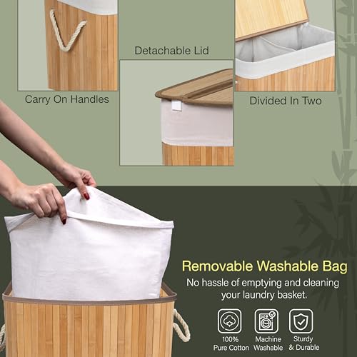 Knight Bamboo Laundry Hamper 105L - Dual Compartment Basket, Removable & Washable Liner, Foldable, Natural, for Bedroom & Bathroom, 52x32x63cm (Natural) 4 Knight Bamboo Laundry Hamper 105L - Dual Compartment Basket, Removable & Washable Liner, Foldable, Natural, for Bedroom & Bathroom, 52x32x63cm (Natural) - Image 4