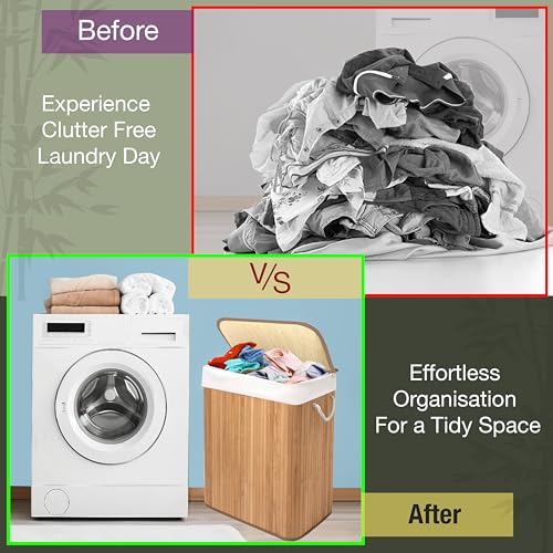 Knight Bamboo Laundry Hamper 105L - Dual Compartment Basket, Removable & Washable Liner, Foldable, Natural, for Bedroom & Bathroom, 52x32x63cm (Natural) 6 Knight Bamboo Laundry Hamper 105L - Dual Compartment Basket, Removable & Washable Liner, Foldable, Natural, for Bedroom & Bathroom, 52x32x63cm (Natural) - Image 6