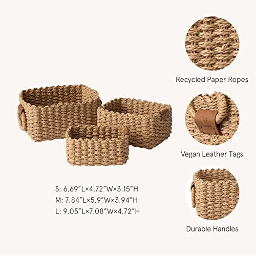 La Jolíe Muse Woven Wicker Storage Baskets, Paper Rope Storage Boxes Bin Organizer Divider for Cupboards Drawer Closet Shelf Dresser, Set of 3 (Desert) 2 La Jolíe Muse Woven Wicker Storage Baskets, Paper Rope Storage Boxes Bin Organizer Divider for Cupboards Drawer Closet Shelf Dresser, Set of 3 (Desert) - Image 2