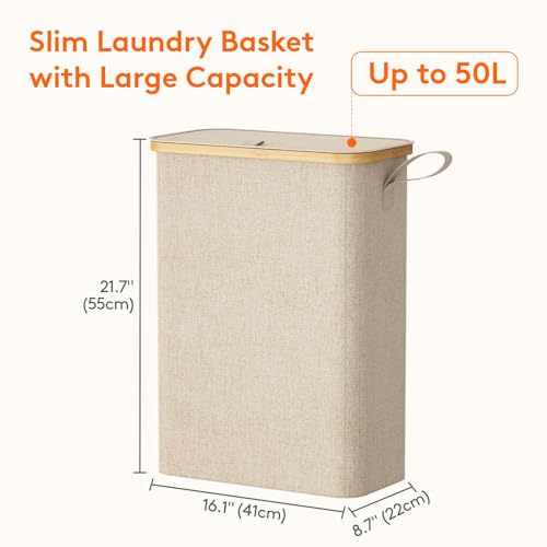 Lifewit 50L Slim Laundry Hamper with Lid, Narrow Laundry Basket with Removable Bag & Bamboo Handles, Fodable Thin Dirty Clothes Hamper for Laundry Collapsible Bin for Bathroom Bedroom Dorm, Beige 3 Lifewit 50L Slim Laundry Hamper with Lid, Narrow Laundry Basket with Removable Bag & Bamboo Handles, Fodable Thin Dirty Clothes Hamper for Laundry Collapsible Bin for Bathroom Bedroom Dorm, Beige - Image 3