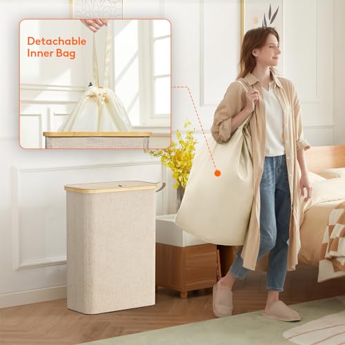 Lifewit 50L Slim Laundry Hamper with Lid, Narrow Laundry Basket with Removable Bag & Bamboo Handles, Fodable Thin Dirty Clothes Hamper for Laundry Collapsible Bin for Bathroom Bedroom Dorm, Beige 4 Lifewit 50L Slim Laundry Hamper with Lid, Narrow Laundry Basket with Removable Bag & Bamboo Handles, Fodable Thin Dirty Clothes Hamper for Laundry Collapsible Bin for Bathroom Bedroom Dorm, Beige - Image 4