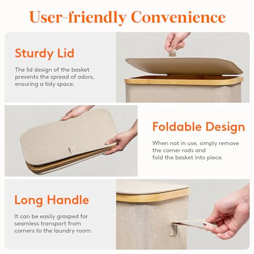 Lifewit 50L Slim Laundry Hamper with Lid, Narrow Laundry Basket with Removable Bag & Bamboo Handles, Fodable Thin Dirty Clothes Hamper for Laundry Collapsible Bin for Bathroom Bedroom Dorm, Beige 5 Lifewit 50L Slim Laundry Hamper with Lid, Narrow Laundry Basket with Removable Bag & Bamboo Handles, Fodable Thin Dirty Clothes Hamper for Laundry Collapsible Bin for Bathroom Bedroom Dorm, Beige - Image 5