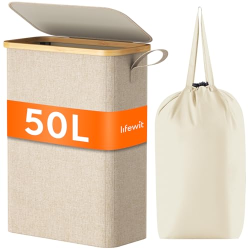 Lifewit 50L Slim Laundry Hamper with Lid, Narrow Laundry Basket with Removable Bag & Bamboo Handles, Fodable Thin Dirty Clothes Hamper for Laundry Collapsible Bin for Bathroom Bedroom Dorm, Beige 1 Lifewit 50L Slim Laundry Hamper with Lid, Narrow Laundry Basket with Removable Bag & Bamboo Handles, Fodable Thin Dirty Clothes Hamper for Laundry Collapsible Bin for Bathroom Bedroom Dorm, Beige