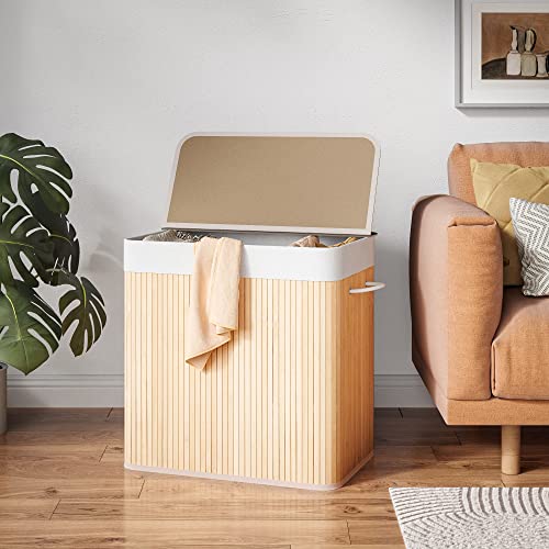 Mondeer Laundry Basket with Lid 150L, 3 Compartments Bamboo Laundry Hamper with Handles Removable Washable Lining, Foldable, for Bedroom Bathroom or Utility Room, 60 x 40 x 61 cm, Natural 2 Mondeer Laundry Basket with Lid 150L, 3 Compartments Bamboo Laundry Hamper with Handles Removable Washable Lining, Foldable, for Bedroom Bathroom or Utility Room, 60 x 40 x 61 cm, Natural - Image 2