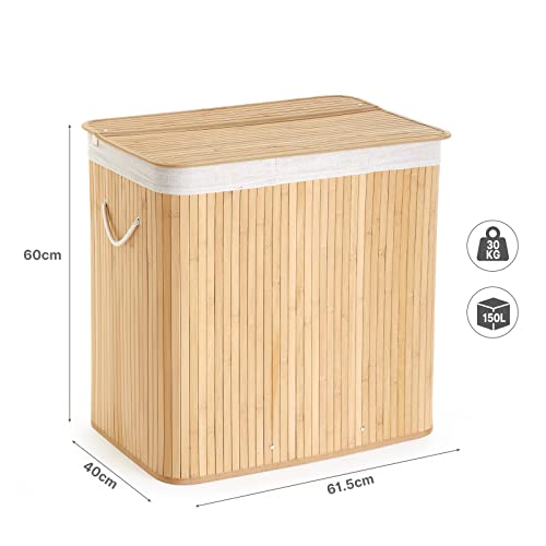 Mondeer Laundry Basket with Lid 150L, 3 Compartments Bamboo Laundry Hamper with Handles Removable Washable Lining, Foldable, for Bedroom Bathroom or Utility Room, 60 x 40 x 61 cm, Natural 3 Mondeer Laundry Basket with Lid 150L, 3 Compartments Bamboo Laundry Hamper with Handles Removable Washable Lining, Foldable, for Bedroom Bathroom or Utility Room, 60 x 40 x 61 cm, Natural - Image 3