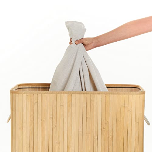 Mondeer Laundry Basket with Lid 150L, 3 Compartments Bamboo Laundry Hamper with Handles Removable Washable Lining, Foldable, for Bedroom Bathroom or Utility Room, 60 x 40 x 61 cm, Natural 4 Mondeer Laundry Basket with Lid 150L, 3 Compartments Bamboo Laundry Hamper with Handles Removable Washable Lining, Foldable, for Bedroom Bathroom or Utility Room, 60 x 40 x 61 cm, Natural - Image 4