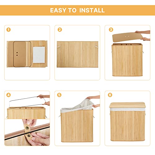 Mondeer Laundry Basket with Lid 150L, 3 Compartments Bamboo Laundry Hamper with Handles Removable Washable Lining, Foldable, for Bedroom Bathroom or Utility Room, 60 x 40 x 61 cm, Natural 6 Mondeer Laundry Basket with Lid 150L, 3 Compartments Bamboo Laundry Hamper with Handles Removable Washable Lining, Foldable, for Bedroom Bathroom or Utility Room, 60 x 40 x 61 cm, Natural - Image 6