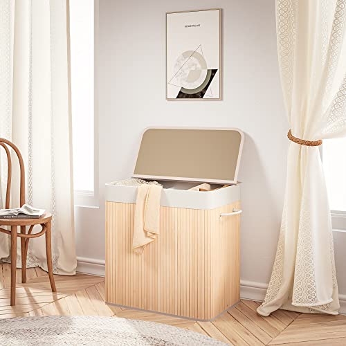 Mondeer Laundry Basket with Lid 150L, 3 Compartments Bamboo Laundry Hamper with Handles Removable Washable Lining, Foldable, for Bedroom Bathroom or Utility Room, 60 x 40 x 61 cm, Natural 7 Mondeer Laundry Basket with Lid 150L, 3 Compartments Bamboo Laundry Hamper with Handles Removable Washable Lining, Foldable, for Bedroom Bathroom or Utility Room, 60 x 40 x 61 cm, Natural - Image 7