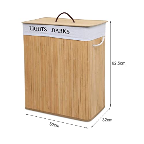 Mondeer Laundry Basket with Lid 100L, 2 Compartments Bamboo Laundry Hamper with Handles Removable Washable Lining, Foldable, for Bedroom Bathroom or Utility Room, 52 x 32 x 65 cm, Natural 2 Mondeer Laundry Basket with Lid 100L, 2 Compartments Bamboo Laundry Hamper with Handles Removable Washable Lining, Foldable, for Bedroom Bathroom or Utility Room, 52 x 32 x 65 cm, Natural - Image 2