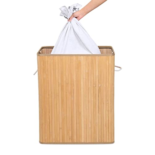 Mondeer Laundry Basket with Lid 100L, 2 Compartments Bamboo Laundry Hamper with Handles Removable Washable Lining, Foldable, for Bedroom Bathroom or Utility Room, 52 x 32 x 65 cm, Natural 3 Mondeer Laundry Basket with Lid 100L, 2 Compartments Bamboo Laundry Hamper with Handles Removable Washable Lining, Foldable, for Bedroom Bathroom or Utility Room, 52 x 32 x 65 cm, Natural - Image 3