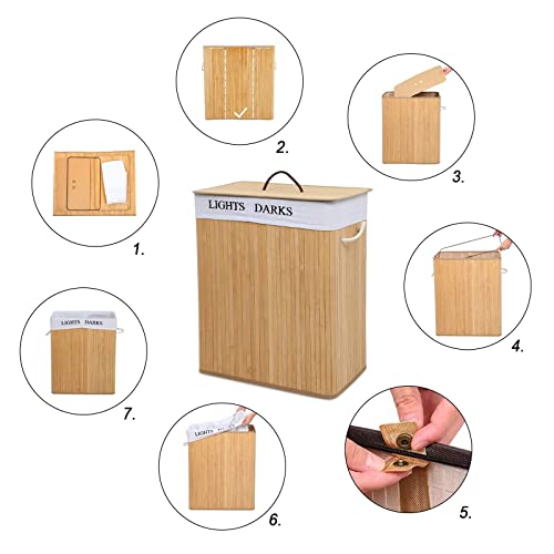 Mondeer Laundry Basket with Lid 100L, 2 Compartments Bamboo Laundry Hamper with Handles Removable Washable Lining, Foldable, for Bedroom Bathroom or Utility Room, 52 x 32 x 65 cm, Natural 4 Mondeer Laundry Basket with Lid 100L, 2 Compartments Bamboo Laundry Hamper with Handles Removable Washable Lining, Foldable, for Bedroom Bathroom or Utility Room, 52 x 32 x 65 cm, Natural - Image 4