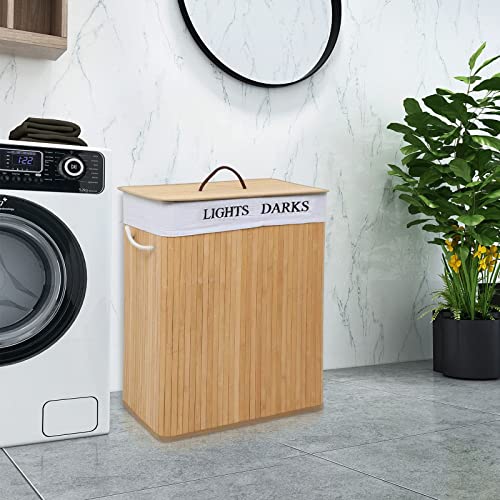 Mondeer Laundry Basket with Lid 100L, 2 Compartments Bamboo Laundry Hamper with Handles Removable Washable Lining, Foldable, for Bedroom Bathroom or Utility Room, 52 x 32 x 65 cm, Natural 5 Mondeer Laundry Basket with Lid 100L, 2 Compartments Bamboo Laundry Hamper with Handles Removable Washable Lining, Foldable, for Bedroom Bathroom or Utility Room, 52 x 32 x 65 cm, Natural - Image 5