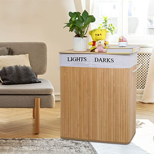 Mondeer Laundry Basket with Lid 100L, 2 Compartments Bamboo Laundry Hamper with Handles Removable Washable Lining, Foldable, for Bedroom Bathroom or Utility Room, 52 x 32 x 65 cm, Natural 7 Mondeer Laundry Basket with Lid 100L, 2 Compartments Bamboo Laundry Hamper with Handles Removable Washable Lining, Foldable, for Bedroom Bathroom or Utility Room, 52 x 32 x 65 cm, Natural - Image 7