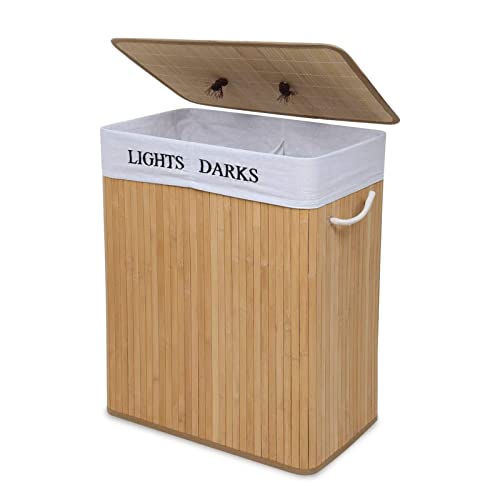 Mondeer Laundry Basket with Lid 100L, 2 Compartments Bamboo Laundry Hamper with Handles Removable Washable Lining, Foldable, for Bedroom Bathroom or Utility Room, 52 x 32 x 65 cm, Natural 1 Mondeer Laundry Basket with Lid 100L, 2 Compartments Bamboo Laundry Hamper with Handles Removable Washable Lining, Foldable, for Bedroom Bathroom or Utility Room, 52 x 32 x 65 cm, Natural