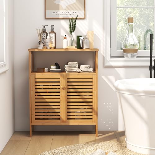 Multigot Bamboo Floor Cabinet, Freestanding Bathroom Storage Cabinet with Double Slatted Doors, Open Shelf and Removable Shelf, Bathroom Living Room Kitchen Organiser Unit 2 Multigot Bamboo Floor Cabinet, Freestanding Bathroom Storage Cabinet with Double Slatted Doors, Open Shelf and Removable Shelf, Bathroom Living Room Kitchen Organiser Unit - Image 2