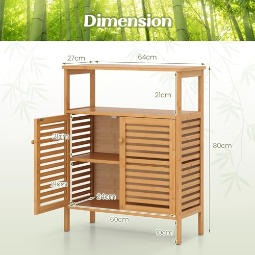 Multigot Bamboo Floor Cabinet, Freestanding Bathroom Storage Cabinet with Double Slatted Doors, Open Shelf and Removable Shelf, Bathroom Living Room Kitchen Organiser Unit 3 Multigot Bamboo Floor Cabinet, Freestanding Bathroom Storage Cabinet with Double Slatted Doors, Open Shelf and Removable Shelf, Bathroom Living Room Kitchen Organiser Unit - Image 3
