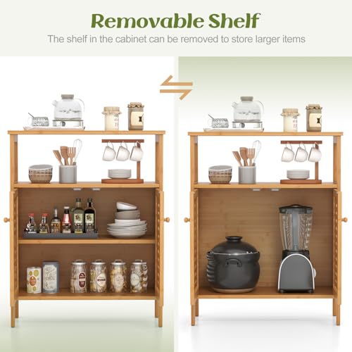 Multigot Bamboo Floor Cabinet, Freestanding Bathroom Storage Cabinet with Double Slatted Doors, Open Shelf and Removable Shelf, Bathroom Living Room Kitchen Organiser Unit 4 Multigot Bamboo Floor Cabinet, Freestanding Bathroom Storage Cabinet with Double Slatted Doors, Open Shelf and Removable Shelf, Bathroom Living Room Kitchen Organiser Unit - Image 4