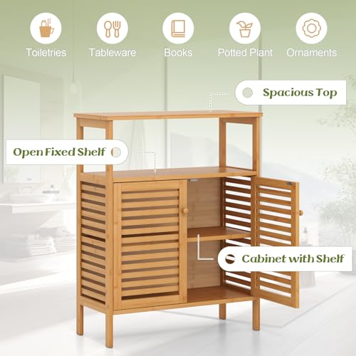 Multigot Bamboo Floor Cabinet, Freestanding Bathroom Storage Cabinet with Double Slatted Doors, Open Shelf and Removable Shelf, Bathroom Living Room Kitchen Organiser Unit 5 Multigot Bamboo Floor Cabinet, Freestanding Bathroom Storage Cabinet with Double Slatted Doors, Open Shelf and Removable Shelf, Bathroom Living Room Kitchen Organiser Unit - Image 5