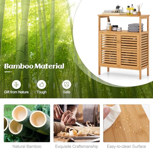 Multigot Bamboo Floor Cabinet, Freestanding Bathroom Storage Cabinet with Double Slatted Doors, Open Shelf and Removable Shelf, Bathroom Living Room Kitchen Organiser Unit 6 Multigot Bamboo Floor Cabinet, Freestanding Bathroom Storage Cabinet with Double Slatted Doors, Open Shelf and Removable Shelf, Bathroom Living Room Kitchen Organiser Unit - Image 6