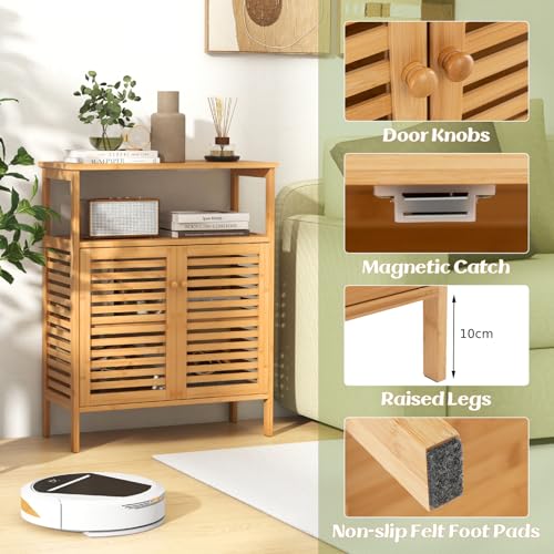 Multigot Bamboo Floor Cabinet, Freestanding Bathroom Storage Cabinet with Double Slatted Doors, Open Shelf and Removable Shelf, Bathroom Living Room Kitchen Organiser Unit 7 Multigot Bamboo Floor Cabinet, Freestanding Bathroom Storage Cabinet with Double Slatted Doors, Open Shelf and Removable Shelf, Bathroom Living Room Kitchen Organiser Unit - Image 7