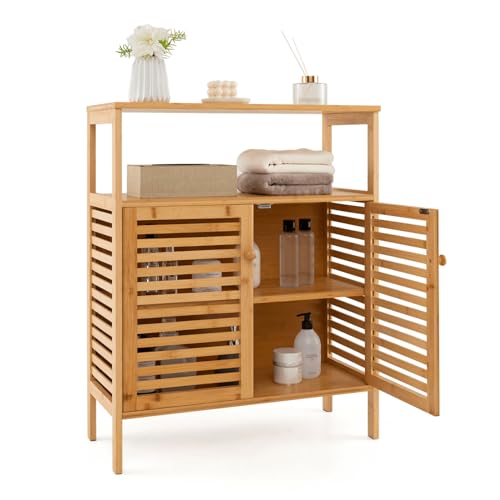 Multigot Bamboo Floor Cabinet, Freestanding Bathroom Storage Cabinet with Double Slatted Doors, Open Shelf and Removable Shelf, Bathroom Living Room Kitchen Organiser Unit 1 Multigot Bamboo Floor Cabinet, Freestanding Bathroom Storage Cabinet with Double Slatted Doors, Open Shelf and Removable Shelf, Bathroom Living Room Kitchen Organiser Unit