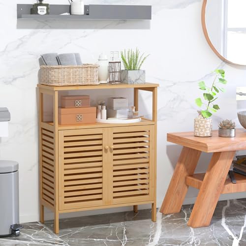 RELAX4LIFE Bamboo Storage Cabinet, Floor-Standing Bathroom Cabinet Cupboard with Louver Door & Open Shelves, Display Shelf Storage Organizer Unit for Kitchen Living Room Hallway 2 RELAX4LIFE Bamboo Storage Cabinet, Floor-Standing Bathroom Cabinet Cupboard with Louver Door & Open Shelves, Display Shelf Storage Organizer Unit for Kitchen Living Room Hallway - Image 2