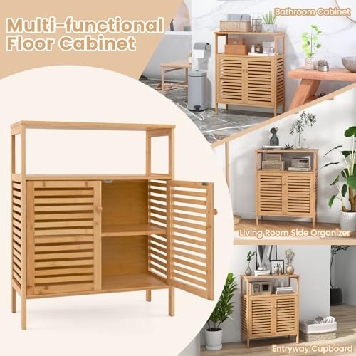RELAX4LIFE Bamboo Storage Cabinet, Floor-Standing Bathroom Cabinet Cupboard with Louver Door & Open Shelves, Display Shelf Storage Organizer Unit for Kitchen Living Room Hallway 7 RELAX4LIFE Bamboo Storage Cabinet, Floor-Standing Bathroom Cabinet Cupboard with Louver Door & Open Shelves, Display Shelf Storage Organizer Unit for Kitchen Living Room Hallway - Image 7