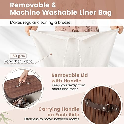 RELAX4LIFE Laundry Basket with Lid, 72L Bamboo Laundry Hamper with Removable Liner Bag, Large Capacity Clothes Hamper Bins for Laundry Room Bedroom Bathroom (Coffee) 3 RELAX4LIFE Laundry Basket with Lid, 72L Bamboo Laundry Hamper with Removable Liner Bag, Large Capacity Clothes Hamper Bins for Laundry Room Bedroom Bathroom (Coffee) - Image 3