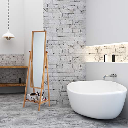 Relaxdays Bamboo Free-Standing Mirror, Swivel-Mounted, Bedroom Mirror with Drawer, HWD: 160x40x36 cm, Natural 2 Relaxdays Bamboo Free-Standing Mirror, Swivel-Mounted, Bedroom Mirror with Drawer, HWD: 160x40x36 cm, Natural - Image 2
