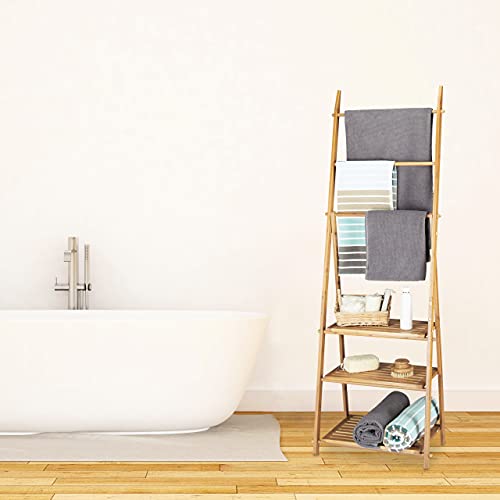 Relaxdays Bamboo Towel Rack, Folding, Small Clothes Stand, 3 Shelves 3 Towel Rails, 4 Side Hooks, Size: ca 152 x 53 x 31 cm, Wood, Natural Brown 2 Relaxdays Bamboo Towel Rack, Folding, Small Clothes Stand, 3 Shelves 3 Towel Rails, 4 Side Hooks, Size: ca 152 x 53 x 31 cm, Wood, Natural Brown - Image 2