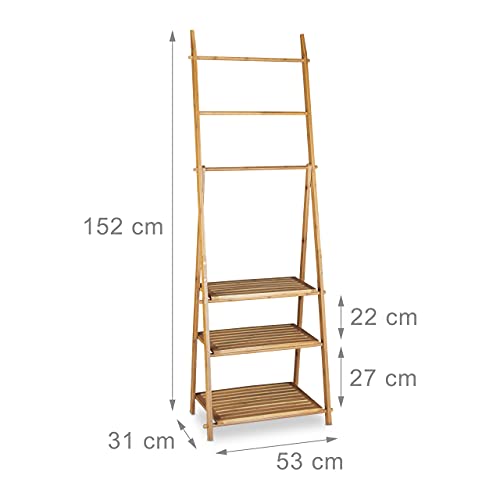 Relaxdays Bamboo Towel Rack, Folding, Small Clothes Stand, 3 Shelves 3 Towel Rails, 4 Side Hooks, Size: ca 152 x 53 x 31 cm, Wood, Natural Brown 4 Relaxdays Bamboo Towel Rack, Folding, Small Clothes Stand, 3 Shelves 3 Towel Rails, 4 Side Hooks, Size: ca 152 x 53 x 31 cm, Wood, Natural Brown - Image 4