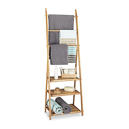 Relaxdays Bamboo Towel Rack, Folding, Small Clothes Stand, 3 Shelves 3 Towel Rails, 4 Side Hooks, Size: ca 152 x 53 x 31 cm, Wood, Natural Brown 1 Relaxdays Bamboo Towel Rack, Folding, Small Clothes Stand, 3 Shelves 3 Towel Rails, 4 Side Hooks, Size: ca 152 x 53 x 31 cm, Wood, Natural Brown
