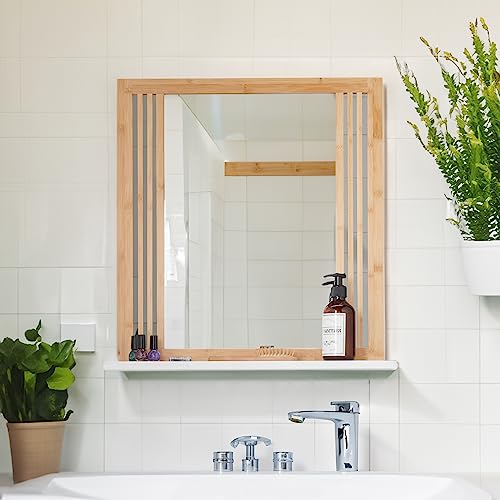 Relaxdays Bathroom Mirror with Shelf, Bamboo & MDF, Rectangular, HxWxD 56.5 x 54 x 10 cm, Wall Mounting, Natural/White 2 Relaxdays Bathroom Mirror with Shelf, Bamboo & MDF, Rectangular, HxWxD 56.5 x 54 x 10 cm, Wall Mounting, Natural/White - Image 2