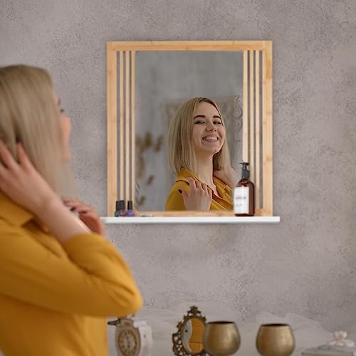 Relaxdays Bathroom Mirror with Shelf, Bamboo & MDF, Rectangular, HxWxD 56.5 x 54 x 10 cm, Wall Mounting, Natural/White 3 Relaxdays Bathroom Mirror with Shelf, Bamboo & MDF, Rectangular, HxWxD 56.5 x 54 x 10 cm, Wall Mounting, Natural/White - Image 3