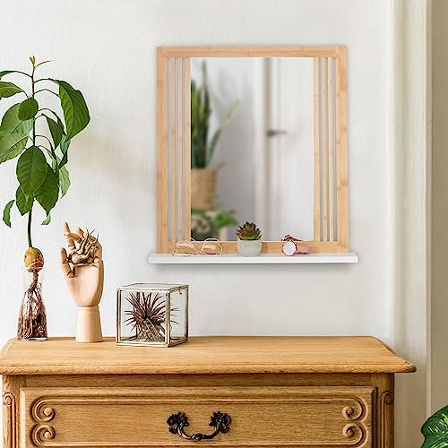 Relaxdays Bathroom Mirror with Shelf, Bamboo & MDF, Rectangular, HxWxD 56.5 x 54 x 10 cm, Wall Mounting, Natural/White 5 Relaxdays Bathroom Mirror with Shelf, Bamboo & MDF, Rectangular, HxWxD 56.5 x 54 x 10 cm, Wall Mounting, Natural/White - Image 5