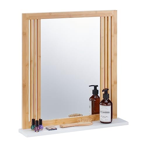 Relaxdays Bathroom Mirror with Shelf, Bamboo & MDF, Rectangular, HxWxD 56.5 x 54 x 10 cm, Wall Mounting, Natural/White 1 Relaxdays Bathroom Mirror with Shelf, Bamboo & MDF, Rectangular, HxWxD 56.5 x 54 x 10 cm, Wall Mounting, Natural/White