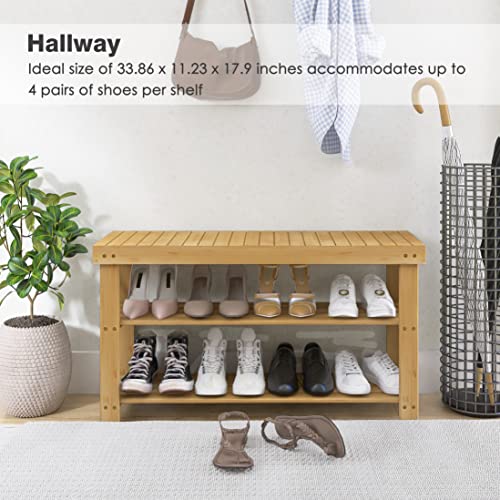 SMIBUY Bamboo Shoe Rack Bench, 3-Tier Shoe Organizer Storage Shelf for Entryway Hallway Bathroom Living Room (Natural) 3 SMIBUY Bamboo Shoe Rack Bench, 3-Tier Shoe Organizer Storage Shelf for Entryway Hallway Bathroom Living Room (Natural) - Image 3