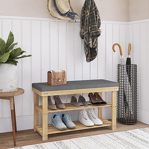 SMIBUY Shoe Rack Bench, 3-Tier Sturdy Bamboo Shoe Organizer with Foam Padded Seat, Storage Shelf for Entryway, Hallway, Bedroom or Living Room, 87 x 30 x 49 cm, (Natural and Grey) 2 SMIBUY Shoe Rack Bench, 3-Tier Sturdy Bamboo Shoe Organizer with Foam Padded Seat, Storage Shelf for Entryway, Hallway, Bedroom or Living Room, 87 x 30 x 49 cm, (Natural and Grey) - Image 2