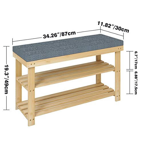 SMIBUY Shoe Rack Bench, 3-Tier Sturdy Bamboo Shoe Organizer with Foam Padded Seat, Storage Shelf for Entryway, Hallway, Bedroom or Living Room, 87 x 30 x 49 cm, (Natural and Grey) 3 SMIBUY Shoe Rack Bench, 3-Tier Sturdy Bamboo Shoe Organizer with Foam Padded Seat, Storage Shelf for Entryway, Hallway, Bedroom or Living Room, 87 x 30 x 49 cm, (Natural and Grey) - Image 3