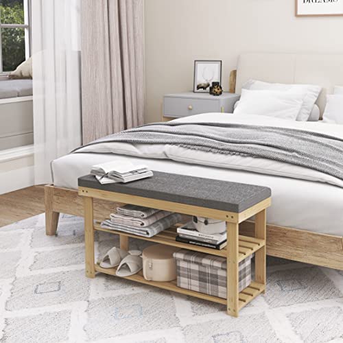 SMIBUY Shoe Rack Bench, 3-Tier Sturdy Bamboo Shoe Organizer with Foam Padded Seat, Storage Shelf for Entryway, Hallway, Bedroom or Living Room, 87 x 30 x 49 cm, (Natural and Grey) 4 SMIBUY Shoe Rack Bench, 3-Tier Sturdy Bamboo Shoe Organizer with Foam Padded Seat, Storage Shelf for Entryway, Hallway, Bedroom or Living Room, 87 x 30 x 49 cm, (Natural and Grey) - Image 4