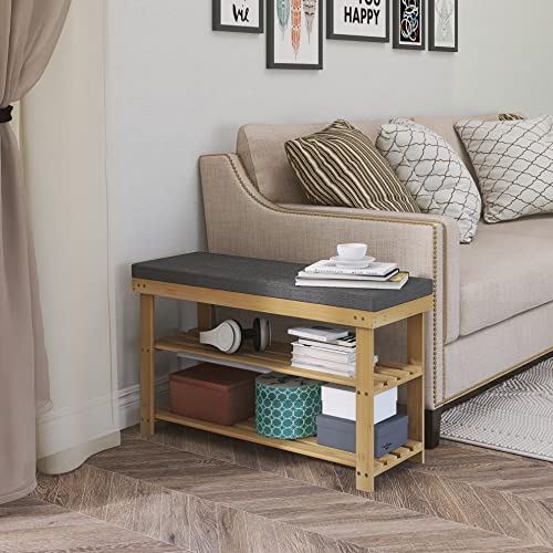SMIBUY Shoe Rack Bench, 3-Tier Sturdy Bamboo Shoe Organizer with Foam Padded Seat, Storage Shelf for Entryway, Hallway, Bedroom or Living Room, 87 x 30 x 49 cm, (Natural and Grey) 5 SMIBUY Shoe Rack Bench, 3-Tier Sturdy Bamboo Shoe Organizer with Foam Padded Seat, Storage Shelf for Entryway, Hallway, Bedroom or Living Room, 87 x 30 x 49 cm, (Natural and Grey) - Image 5