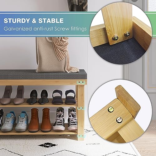SMIBUY Shoe Rack Bench, 3-Tier Sturdy Bamboo Shoe Organizer with Foam Padded Seat, Storage Shelf for Entryway, Hallway, Bedroom or Living Room, 87 x 30 x 49 cm, (Natural and Grey) 6 SMIBUY Shoe Rack Bench, 3-Tier Sturdy Bamboo Shoe Organizer with Foam Padded Seat, Storage Shelf for Entryway, Hallway, Bedroom or Living Room, 87 x 30 x 49 cm, (Natural and Grey) - Image 6