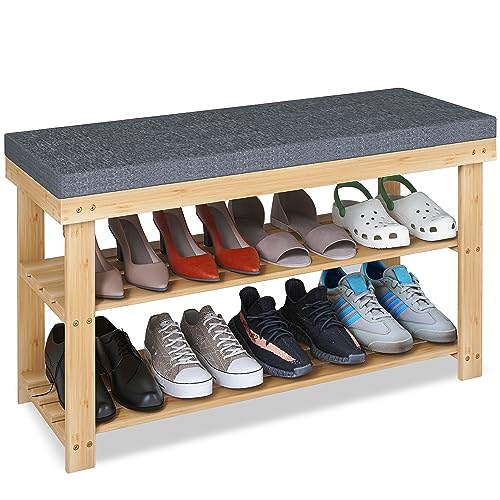 SMIBUY Shoe Rack Bench, 3-Tier Sturdy Bamboo Shoe Organizer with Foam Padded Seat, Storage Shelf for Entryway, Hallway, Bedroom or Living Room, 87 x 30 x 49 cm, (Natural and Grey) 1 SMIBUY Shoe Rack Bench, 3-Tier Sturdy Bamboo Shoe Organizer with Foam Padded Seat, Storage Shelf for Entryway, Hallway, Bedroom or Living Room, 87 x 30 x 49 cm, (Natural and Grey)