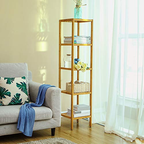 SONGMICS 5-Tier Bamboo Bathroom Shelf, Freestanding Narrow Shelf Unit, Multifunctional Storage Shelf, Corner Shelf, for Kitchen, Living Room, Bedroom, Hallway, Natural BCB55Y 2 SONGMICS 5-Tier Bamboo Bathroom Shelf, Freestanding Narrow Shelf Unit, Multifunctional Storage Shelf, Corner Shelf, for Kitchen, Living Room, Bedroom, Hallway, Natural BCB55Y - Image 2